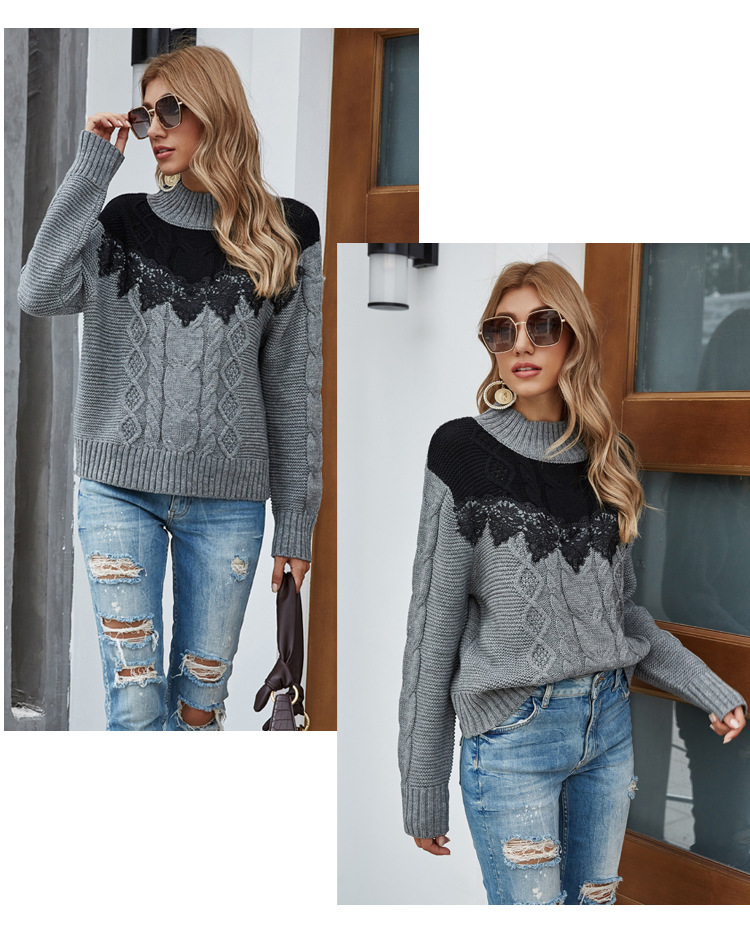 Casual Loose Half Turtleneck Sweater Contrast Lace Stitching Ladies Long Sleeve Knit NSYH7130