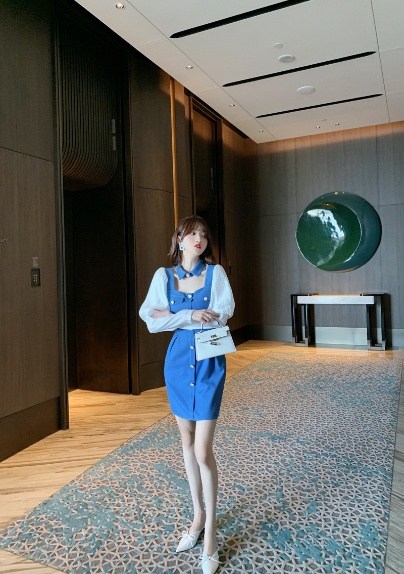 Đầm cổ búp bê tay phồng dáng suông — Màu xanh lam chi tiết 2