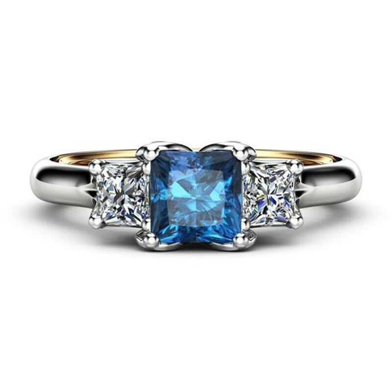 ebay European and American 14K Gold Plated Double Color Sea Blue Topaz Princess Square Diamond Engagement Ring for Women