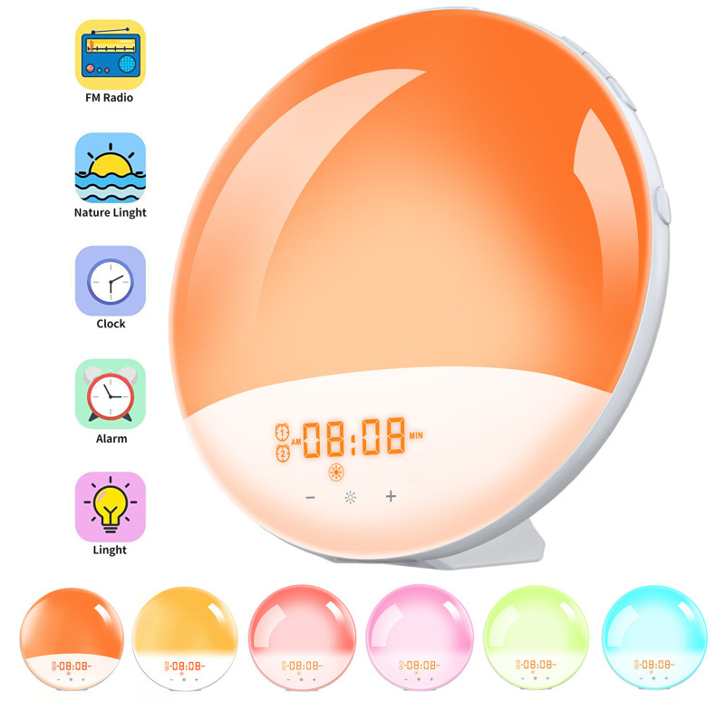 Popular toque colorido despertador simulación de luz Sunrise Sunset hipnosis atmósfera mesita de noche lámpara de enfermería luz de la noche