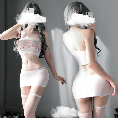 Internet celebrities shoot sexy silk clothes, seductive stockings, printed butterfly electrocardiogram, see-through hip-covering silk clothes