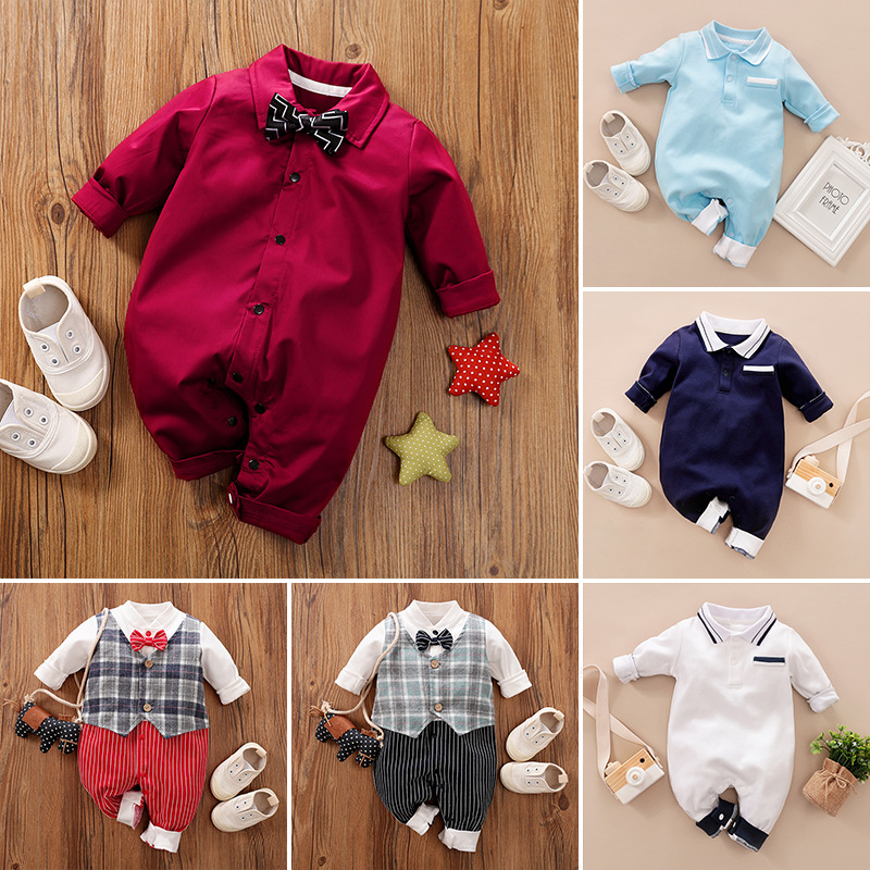 婴儿装时尚春秋男宝宝外出连体衣绅士0-1-3岁宝宝百天礼爬服批发