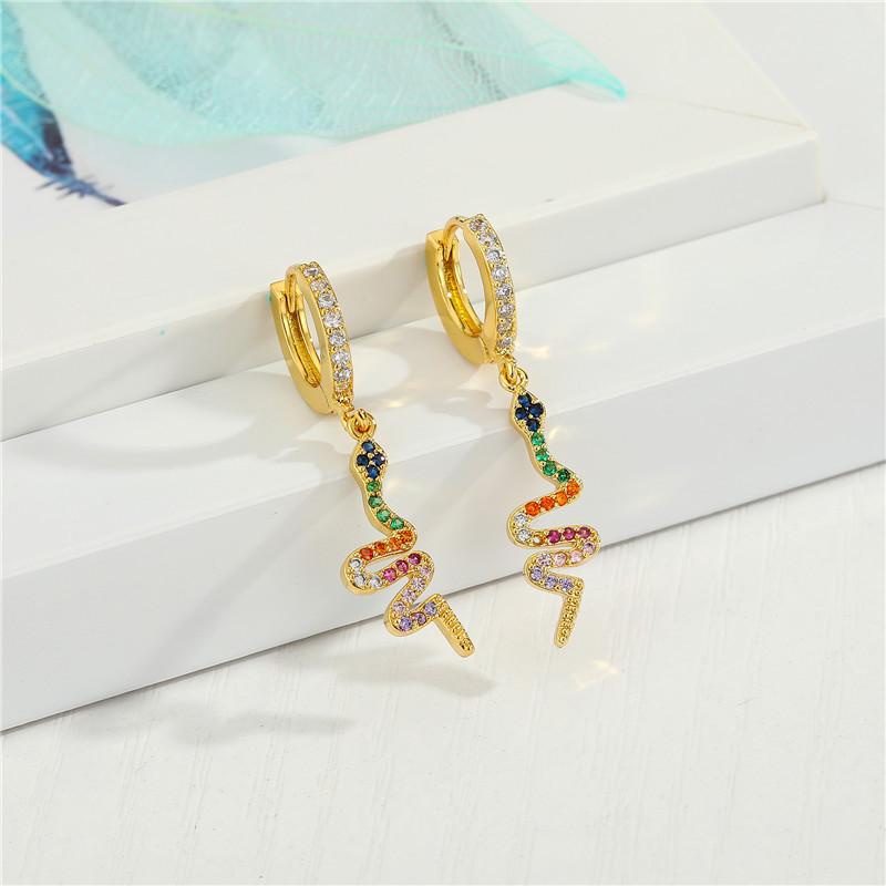 Fashion Micro-inlaid Cross Color Zircon Snake Exquisite Diamond-set Color Zirconium Sun Small Copper Earrings display picture 5