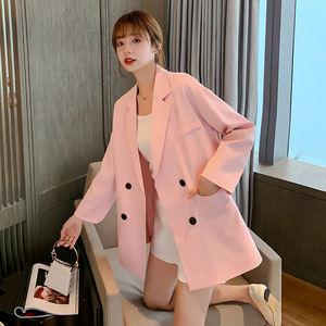 2020年春季韩版休闲百搭大码西装外套女中长款宽松网红西服设计感