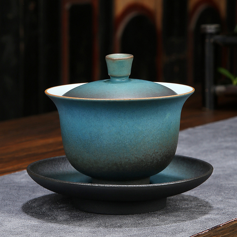 Japanese-style Coarse Pottery Sancai Covered Bowl Single Not Hot Home Simple Large Retro Ceramic Kung Fu Tea Set Tea Cup