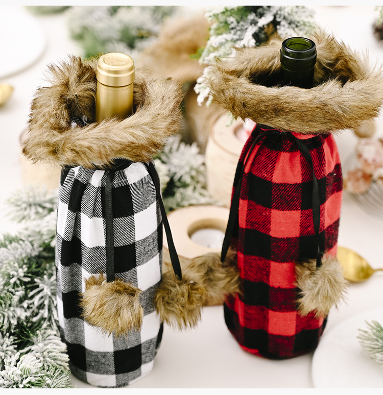60g Weight Christmas Festival Haobei Christmas Festive Supplies Pompon Plaid Bottle Cover Creative New Red And Black Wine Bottle Bag Wine Gift Box Wine Cover 8