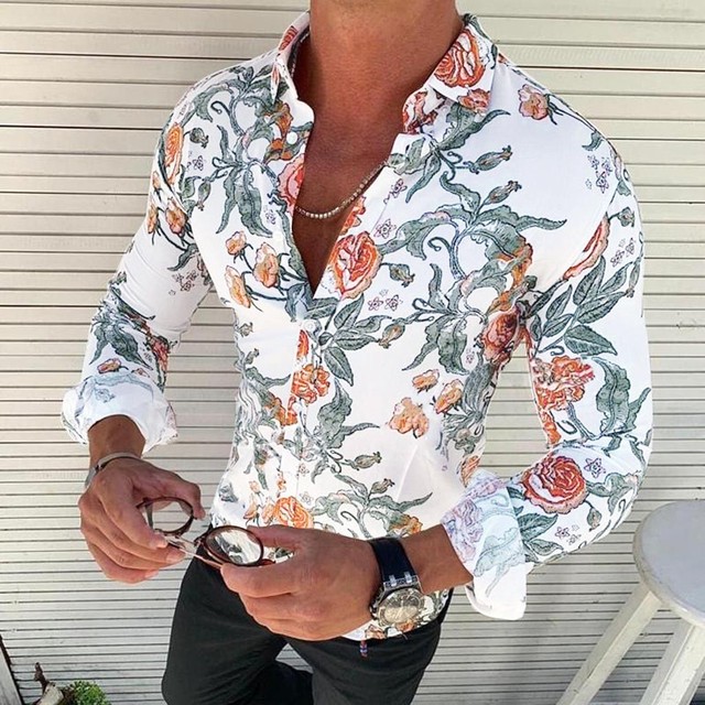 Men’s floral shirt long sleeve casual shirt fashion Lapel stand collar slim shirt men’s wear