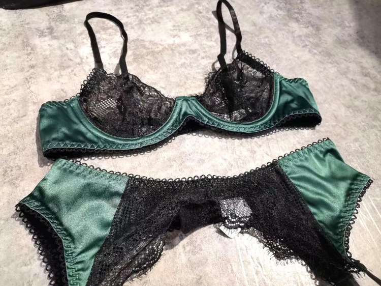 Wriufred Sexy Lace Satin Push Up Bra and Briefs Set Perspective Sexy Lingerie Set Three-piece Bralette Set Ladies Underwear