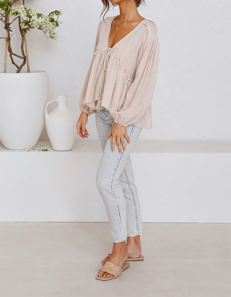 solid color V-neck long-sleeved blouse  NSHZ35267