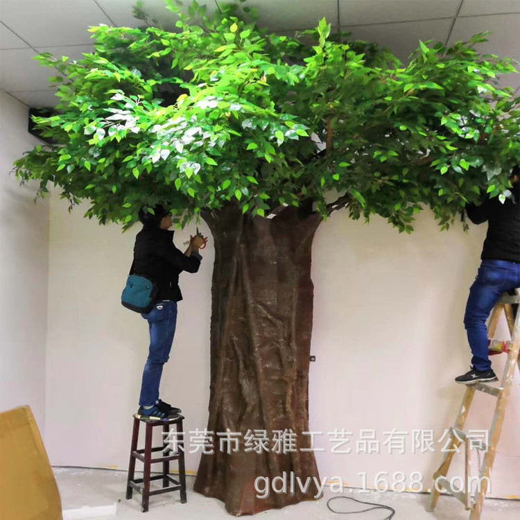 室内室内抗uv紫外线玻璃钢真木仿真盆栽榕叶假树 仿真塑料榕树|ru