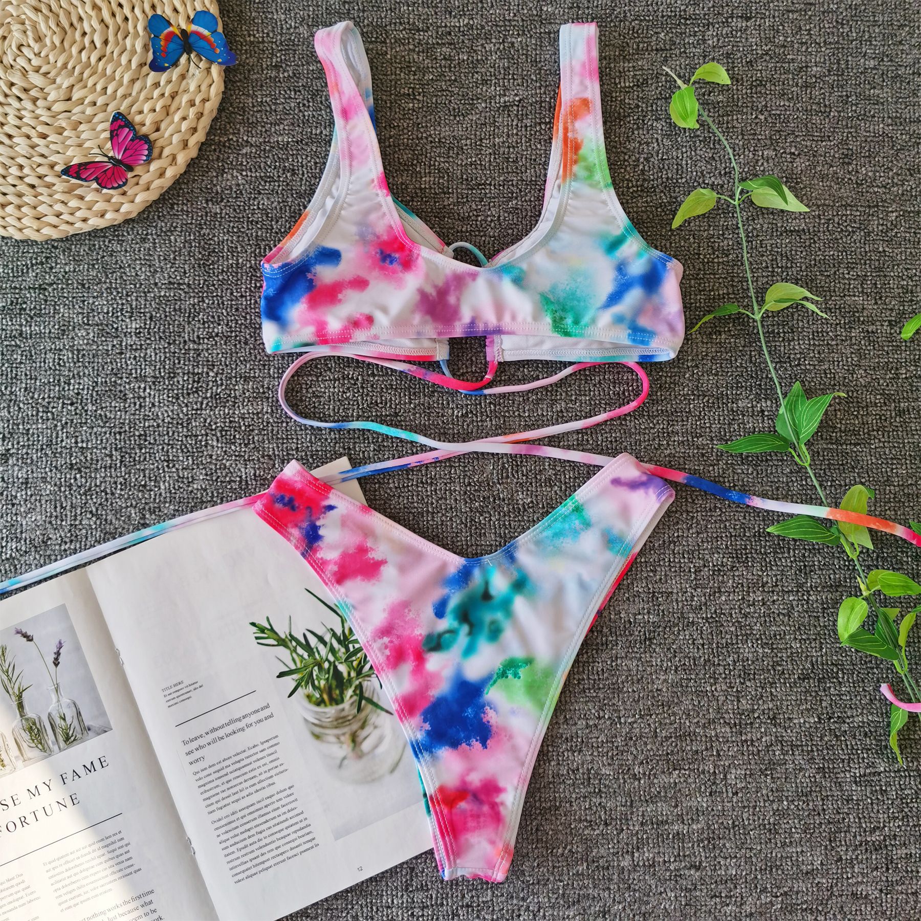 Split Strap Tie-Dye Print Sexy Bikini 2 Piece Swimsuit NSCMB96176