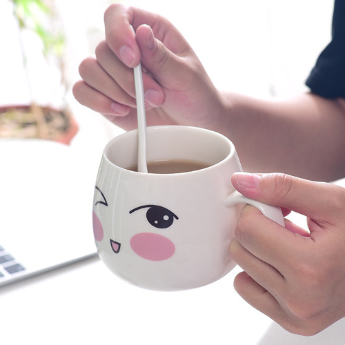 Dehua Ceramic Cup Creative Mug Cartoon Expression Water Cup Cute Version Girl Office Flower Tea Cup Printing Direct Sales