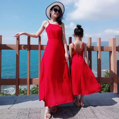 Summer Parent-Child Outfits  New Mother-Daughter Dresses Strappy Dresses Red Backless Beach Dresses Chiffon Beachwear