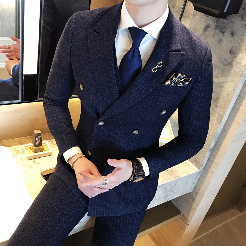 Men's three piece suit groomsman's suit British slim dark vertical stripe men's double breasted suit