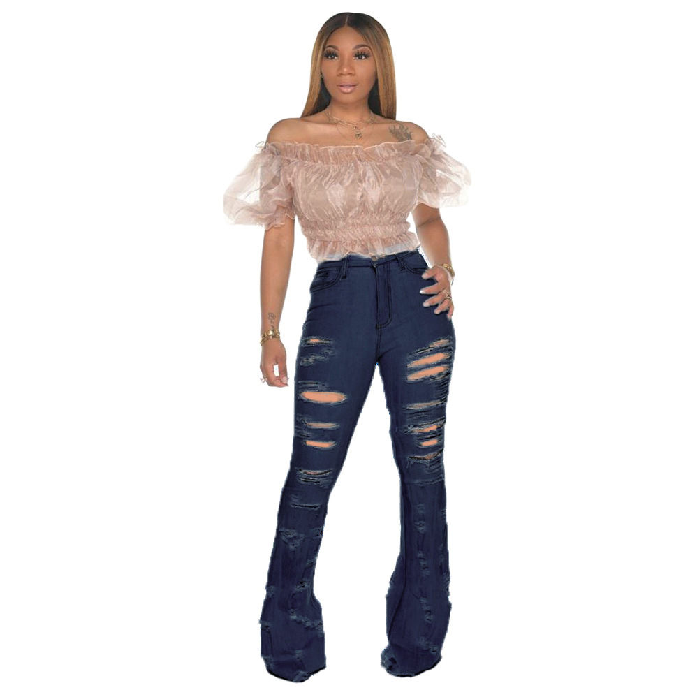 washing hole high waist flared jeans NSSF127764