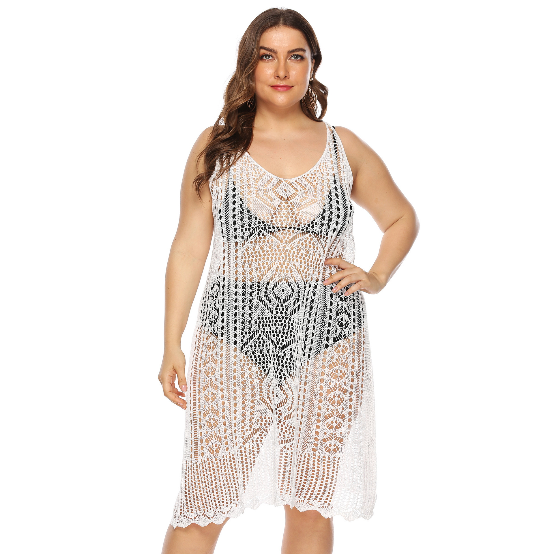 plus size sleeveless low-cut hollow perspective beach outdoor cover-up NSOY125360