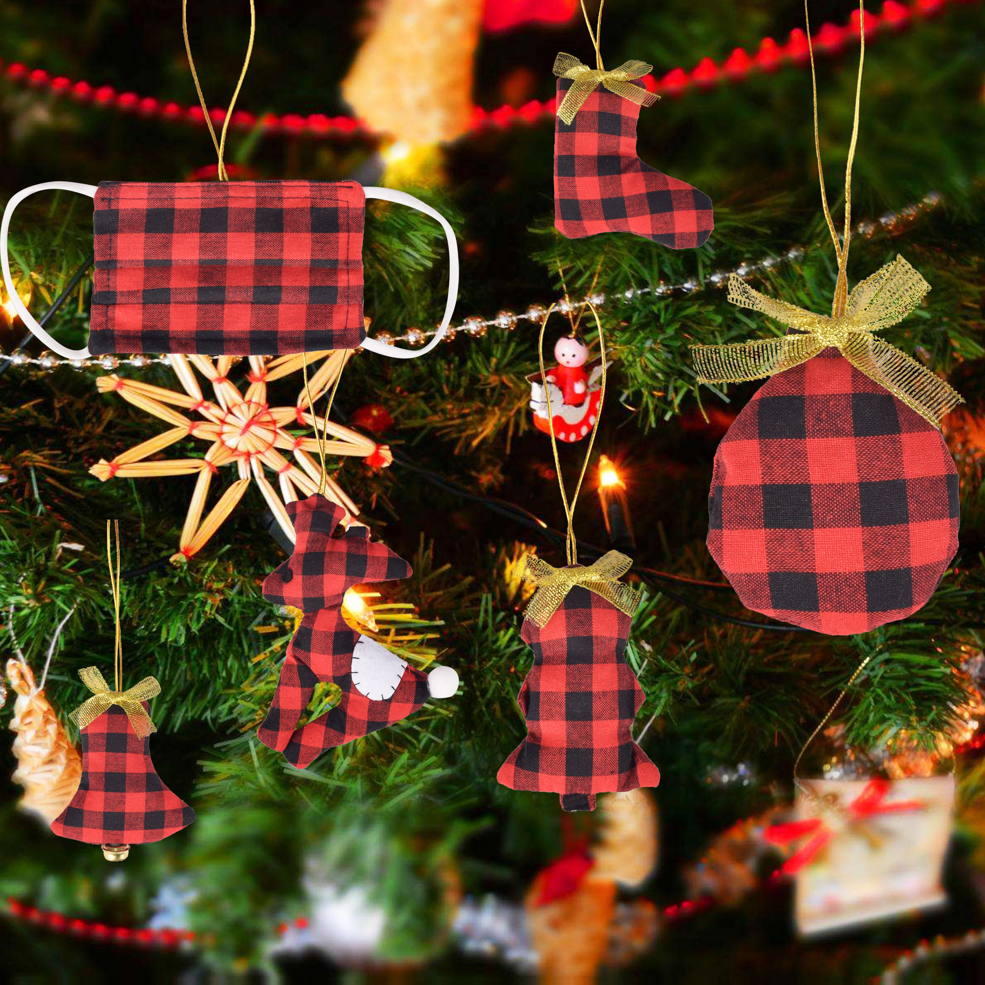 纯手工制作棉布圣诞节装饰 2020新款圣诞挂件 圣诞树面罩铃铛麋鹿