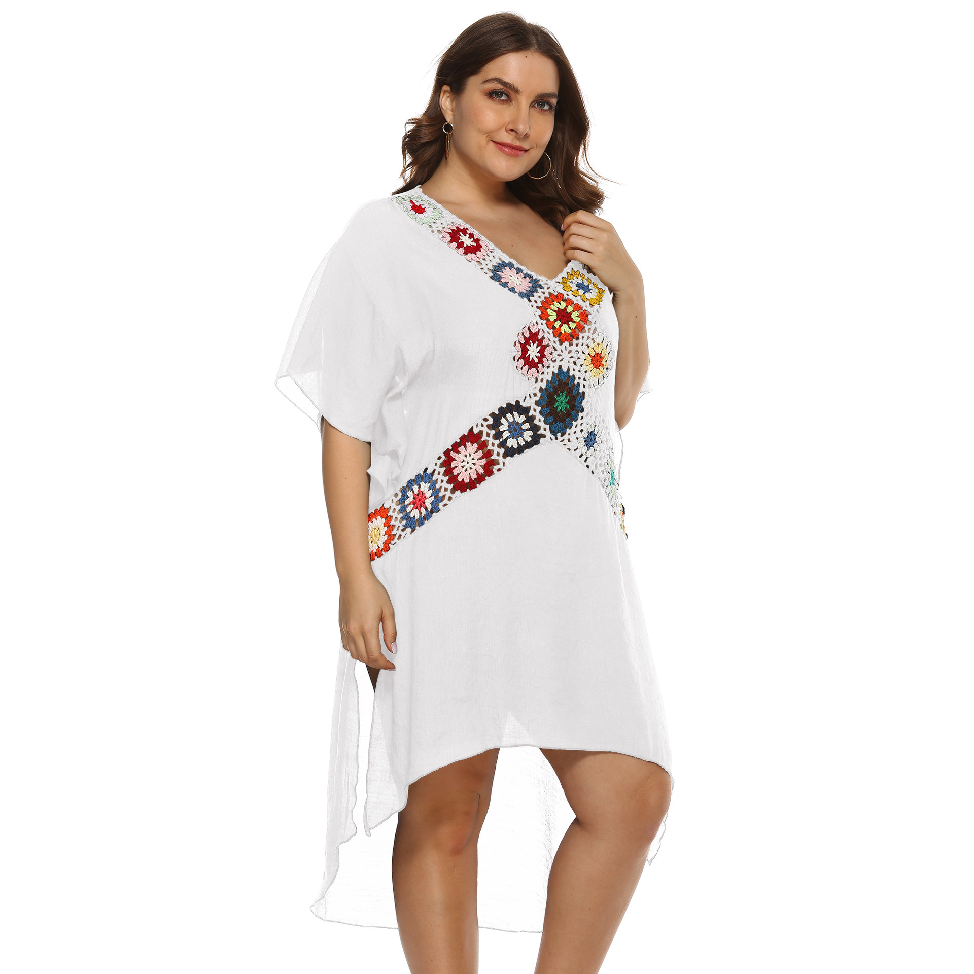 Vestido de playa con costura de flores de ganchillo de talla grande NSOY26804