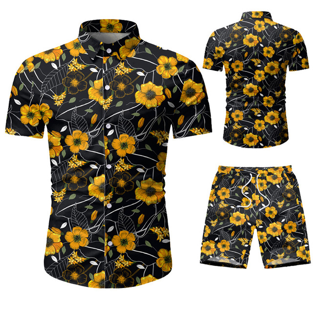 Summer men’s slim short sleeve shorts casual floral shirt suit