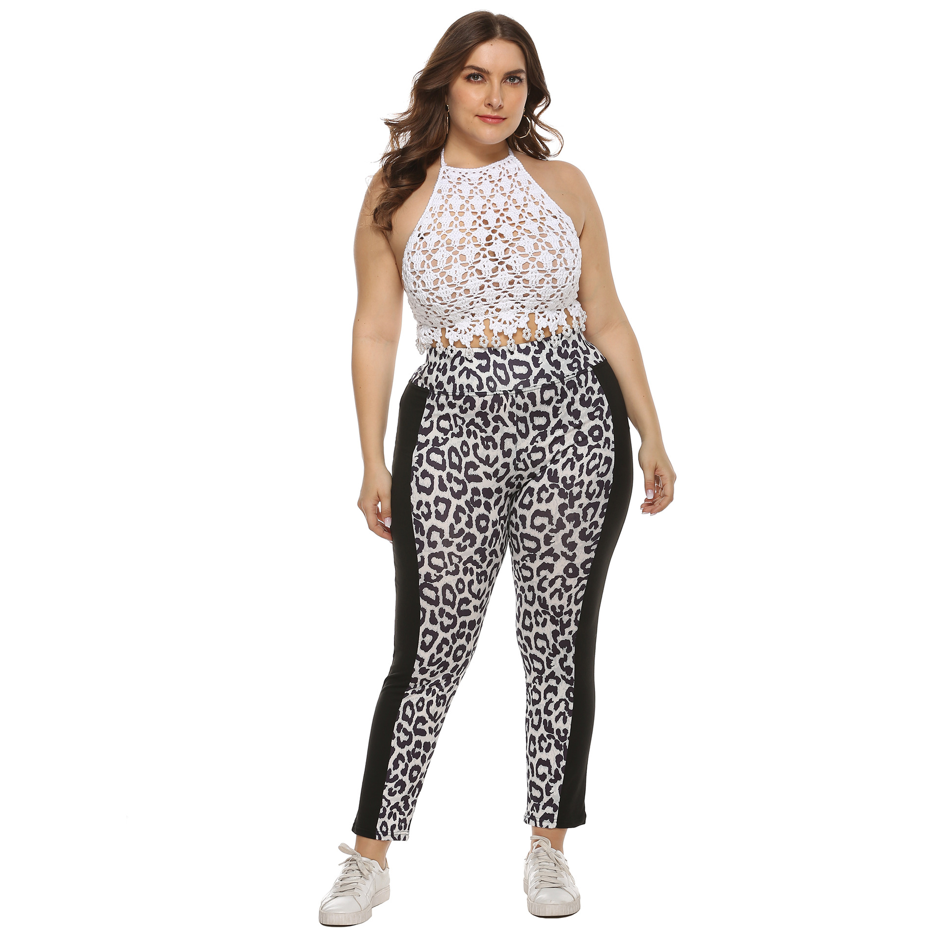 plus size leopard print stitching casual leggings  NSOY28436