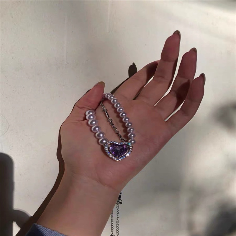 Collier Pendentif Tour De Cou Coréen Automne Et Hiver Perle Violet Gemme display picture 2