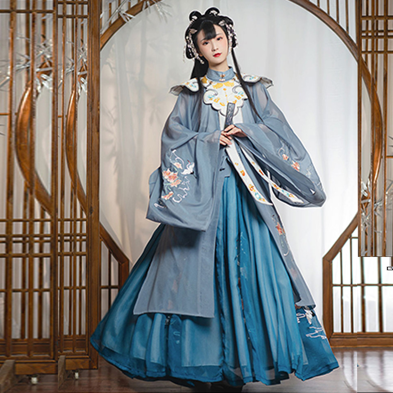 Adult Hanfu female Ming Dynasty standing collar jacket skirt cloud shoulder standing collar long shirt waist pleated skirt embroidered dress