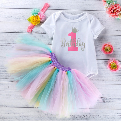 Baby birthday party dresses dress girl printed short sleeve Khaki net rainbow handmade skirt cover