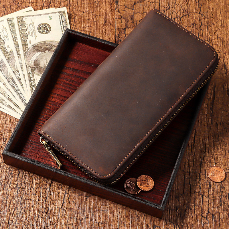新款真皮男士钱包 疯马皮商务复古多卡位手拿包 长款男士钱包