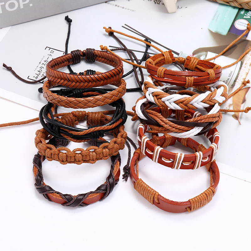 Hiphop style vintage braided cowhide 10 piece leather bracelet for women