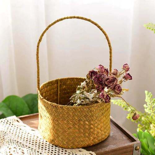 Flower Basket Woven Hand-held Basket Grass Weaving Bamboo Weaving Handmade Flower Basket Water Grass Small Flower Basket Plant Basket