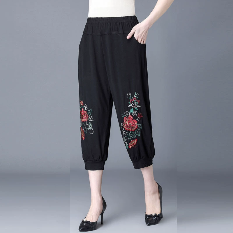 Укороченные брюки с вышивкой для тещи среднего и пожилого возраста, свободные черные брюки с вышивкой, Новое поступление на лето 2020