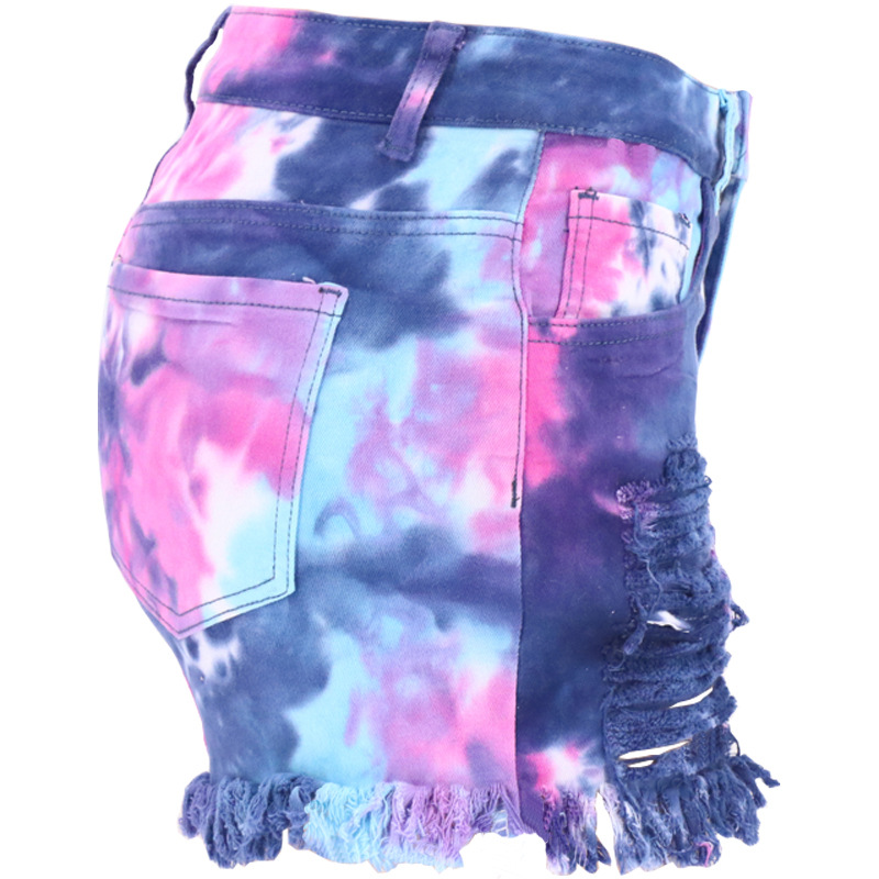 Tie-Dye Tassels Ripped Loose Denim Shorts NSYB77202