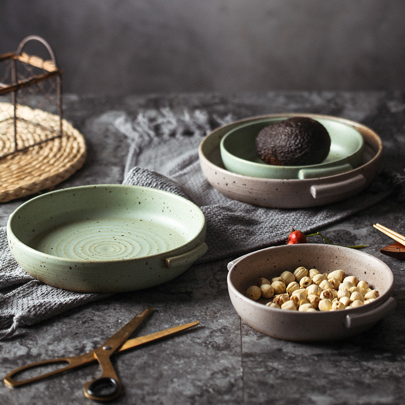 Japanese Style Vintage Stoneware Binaural Baked Rice Baking Plate Salad Plate Korean Style Egg-wrapped Rice Plate Fruit Nut Plate Gourmet Plate Japanese Style Vintage Stoneware Binaural Baked Rice Baking Plate Salad Plate Korean Style Egg-wrapped Rice Plate Fruit Nut Plate Gourmet Plate