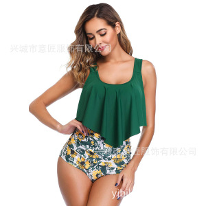 意匠2019年新款荷叶比基尼亚马逊泳衣荷叶边多色高腰比基尼bikini