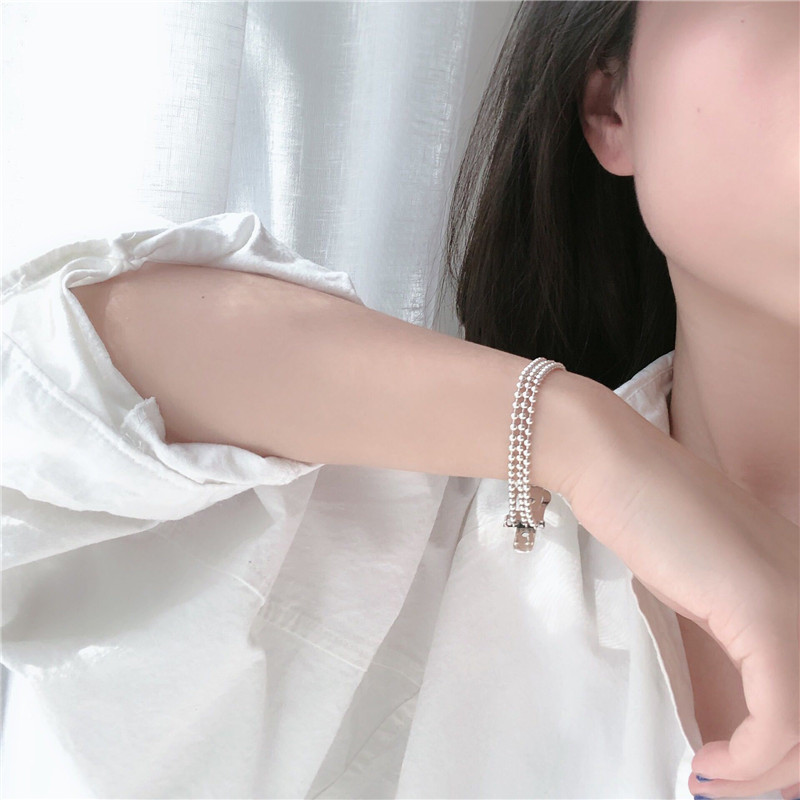 Korean S925 Sterling Silver Belt Buckle Multi-layer Round Bead Chain Bracelet display picture 1