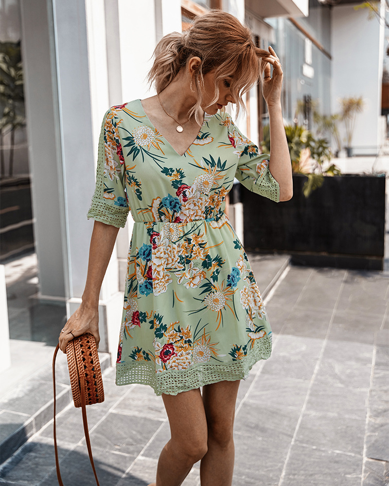  women s short sleeve printed skirt woven V-neck dress NSKA1641