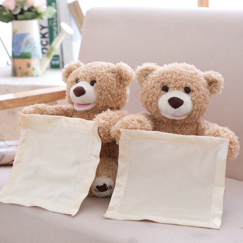 Internet celebrity's singing peek-a-boo teddy bear plush toy gives children dolls to coax babies, and a talking shy bear