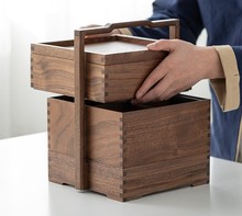 黑胡桃实木提盒中国风糕点便携木盒影视提盒木质礼盒茶叶月饼盒子