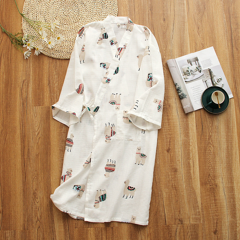 Cotton Double Gauze Nightgown Spring Summer and Autumn Thin Japanese Style Loose Lace-up Nightgown Women's Sweatened Hot Spring Gown Cotton Double Gauze Nightgown Spring Summer and Autumn Thin Japanese Style Loose Lace-up Nightgown Women's Sweatened Hot Spring Gown