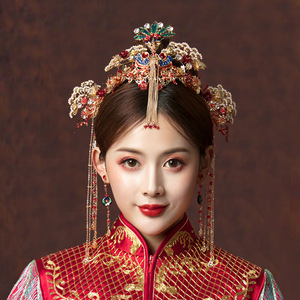 Xiuhe bride costume headdress with fringe crown Chinese wedding costume hair accessories antique phoenix crown with accessories