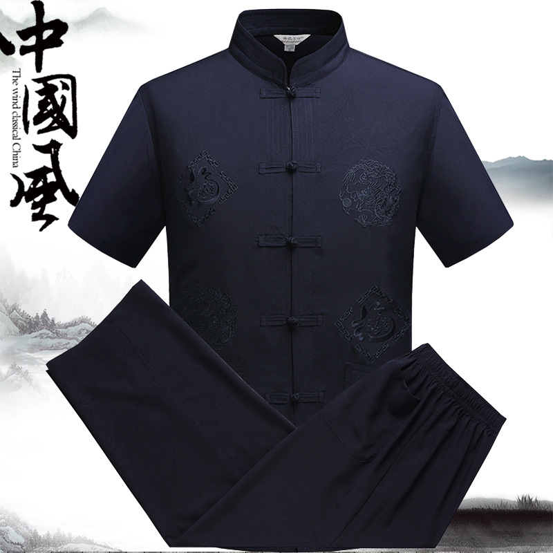 中老年人唐装短袖套装男夏季刺绣衬衫爸爸中国风大码爷爷立领汉服