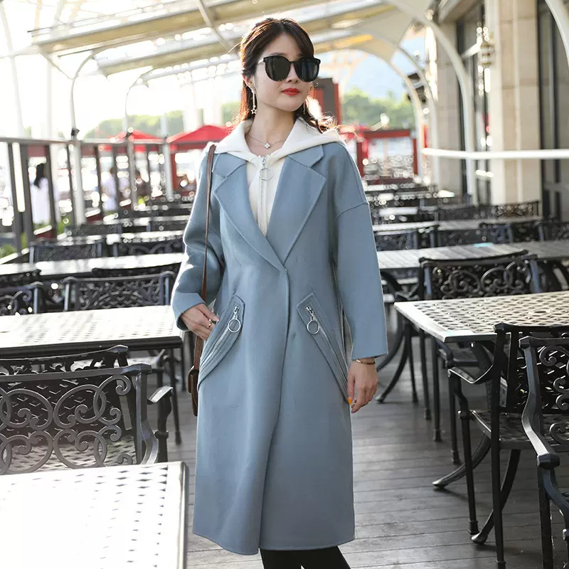 女士秋冬蓝色可拆卸连帽羊毛呢大衣长款风衣韩版双面羊绒大衣外套