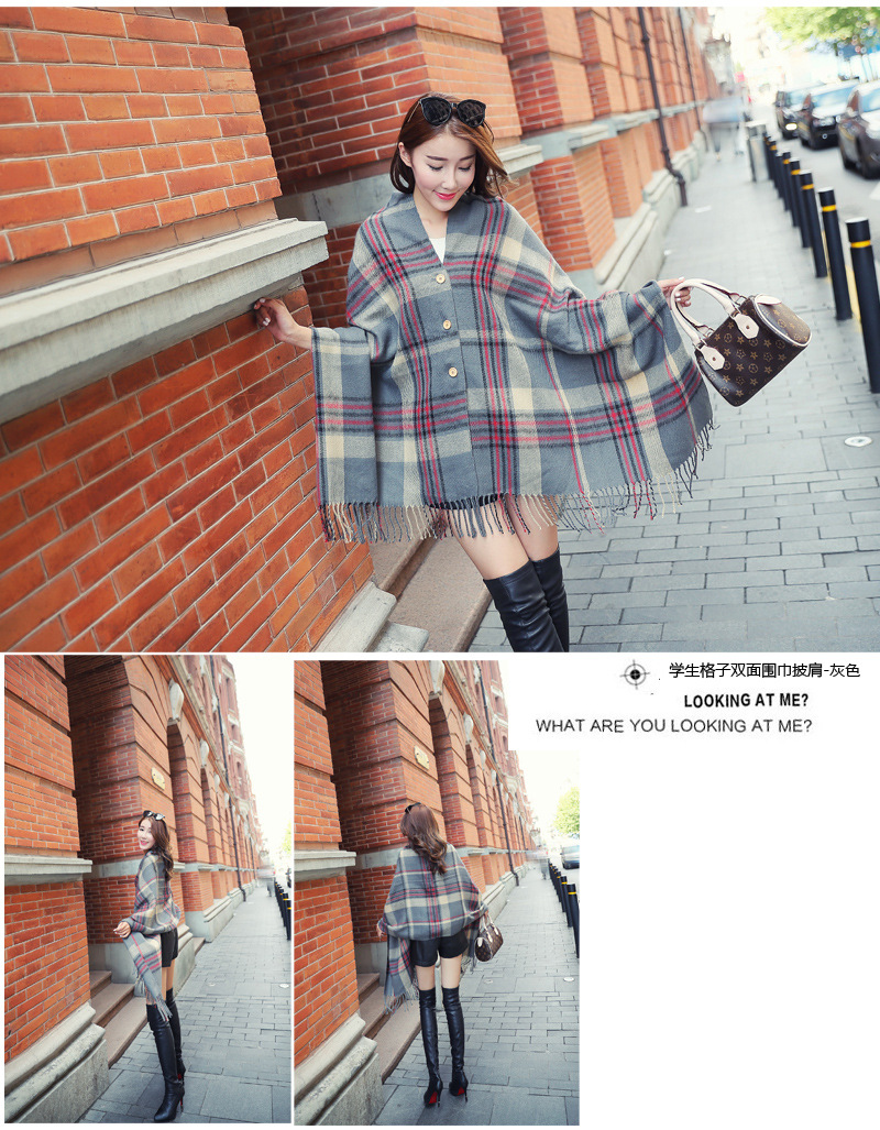 学生纽扣格子双面披肩-776444466666666