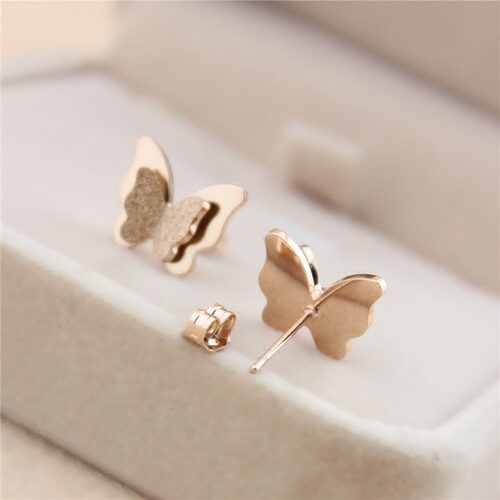 Korean butterfly frosted earrings for women, titanium steel, rose gold, Japanese and Korean students, versatile, fashionable, ladylike, sexy and simple