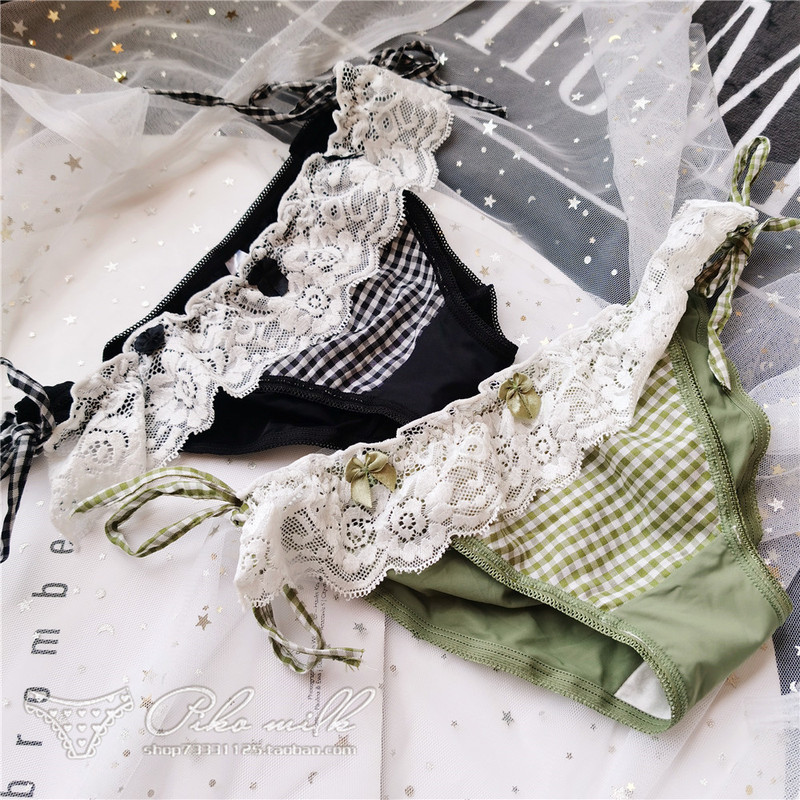 Retro college style# bikini cute lace-up Plaid lace Ice Silk low waist women's underwear Retro college style# bikini cute lace-up Plaid lace Ice Silk low waist women's underwear