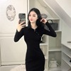 Sexy metal slant button shirt Lapel slim fit buttock wrap hip skirt long sleeve dress