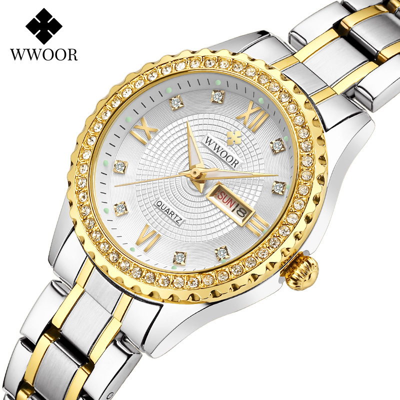 WWOOR Holding Love nueva pareja casual reloj de cuarzo para hombre calendario impermeable rhinestone reloj de moda para mujer 8856