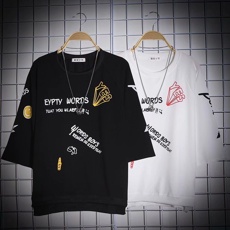 新款半袖宽松体恤男士衣服七分短袖T恤韩版潮流男装批发