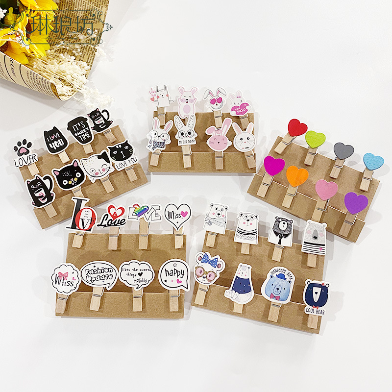 Decorativo de dibujos animados pequeño clip de madera floral flor Mensaje de embalaje pequeño clip de madera foto colgante de pared clip de color creativo