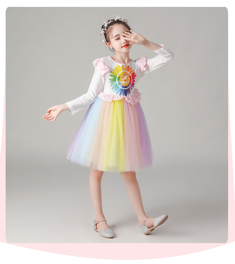 Girl Autumn Super Rainbow Long Sleeve Princess Dress 3-10 Years